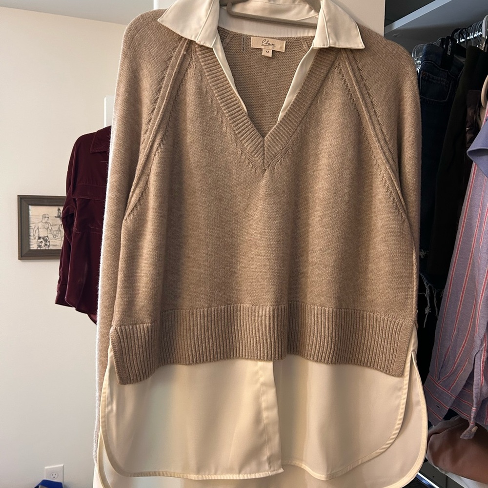 Elan Tan V-Neck Sweater with Layered Design